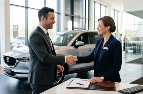 DriveWise lending specialist reviewing a car loan application with a client in a bright modern office